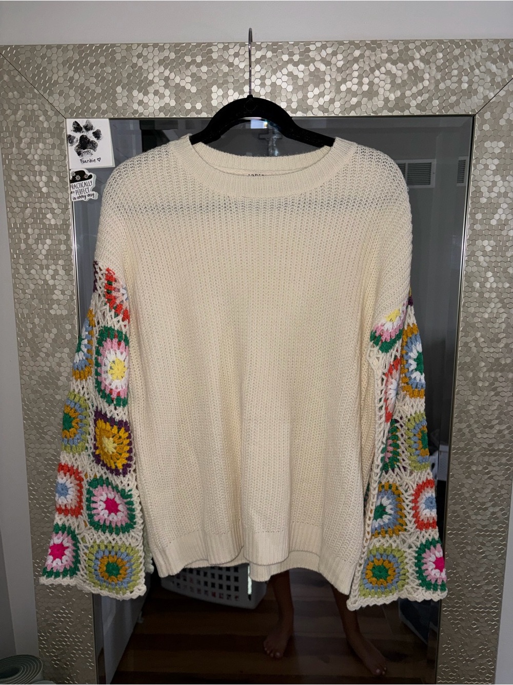 JODIFL Cream Sweater with Multicolor Crochet Bell Sleeves